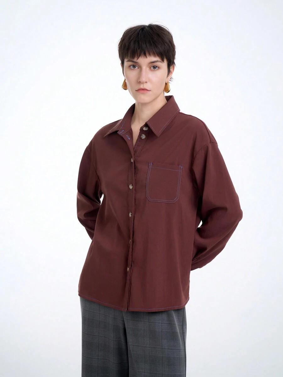 Aalyst Women's Long Sleeve Color Block Stitching Single-Breasted Shirt, Country Style - Brown - View 1