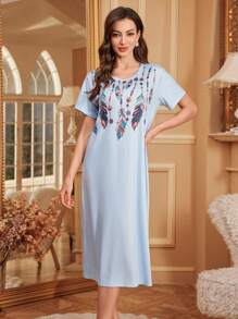Camisón informal para mujer de cuello en V de manga corta con estampado de plumas