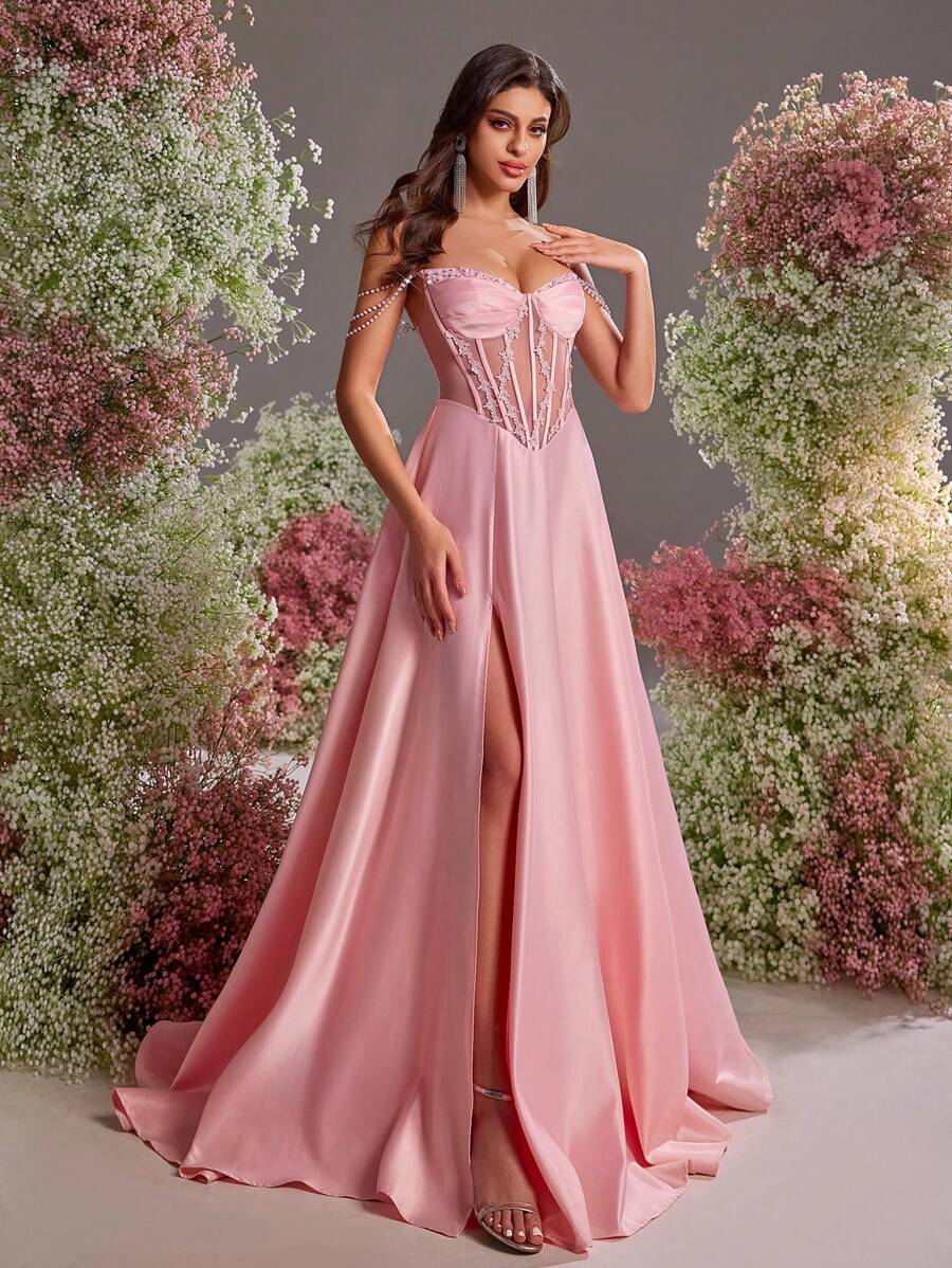 Glamrae 优雅、浪漫、华丽、端庄、粉色、缎面、抹胸、人字形腰部、半透明、领口珍珠项链装饰、蕾丝装饰、大A字裙、拖尾、后系带、高开衩、适合婚礼活动、节日、婚礼宾客、度假、舞会、正式晚礼服、派对礼服、礼服、晚会 - 粉色 - 查看 1