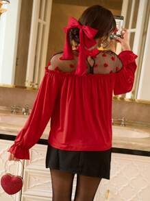 Elenzga 女式心形网眼拼布喇叭袖 T 恤，红色，适合春季派对、新年、情人节 - 紅色 - 查看 3