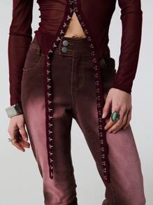 TypaGal 双纽扣复古洗水棉质牛仔裤 - 紅色 - 查看 7