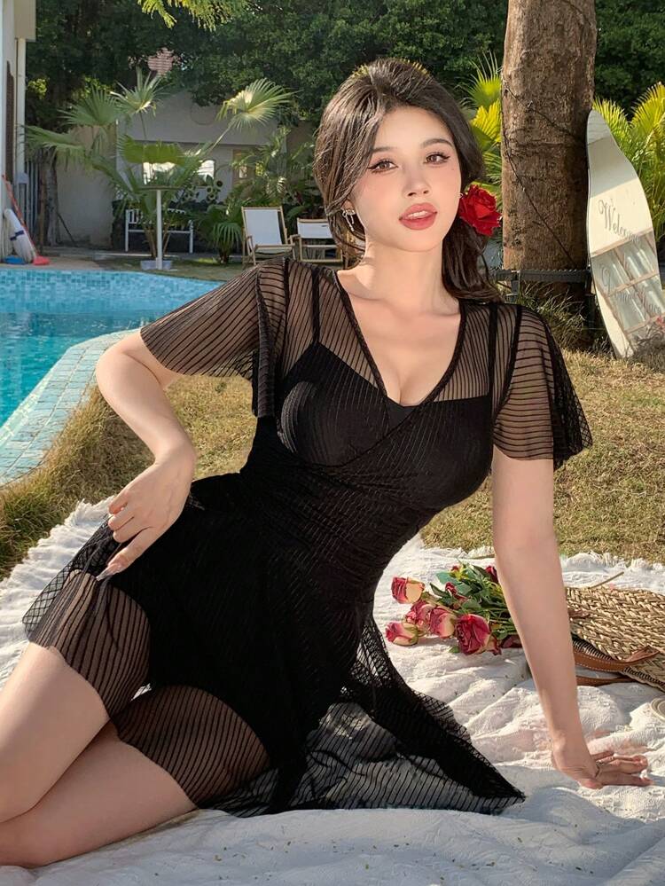 Women's Solid Color Sheer Summer Beach Swim Dress, For Vacation