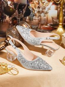 CUCCOO TILAWA Women's Crystal Heel, Rhinestone Studded Mesh Shoes, Suitable For Outing, Banquet, Party Prom Heels For Christmas Valentine's Day - Silver - View 7