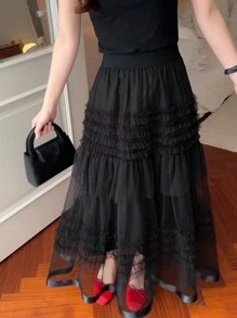 DAZY 女式荷叶边欧根纱长裙，适合夏季和情人节 - 黑色 - 查看 3