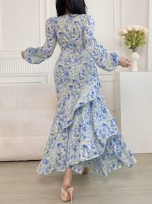 Feyla 女士优雅浪漫油画印花灯笼袖连衣裙春季、情人节波西米亚风太阳裙演唱会服装女装