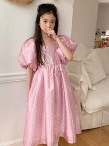 DAZY Tween Girl' Square Collar All-Over Print Woven Short Sleeve Dress, For Spring & Summer,Back To School Clothes