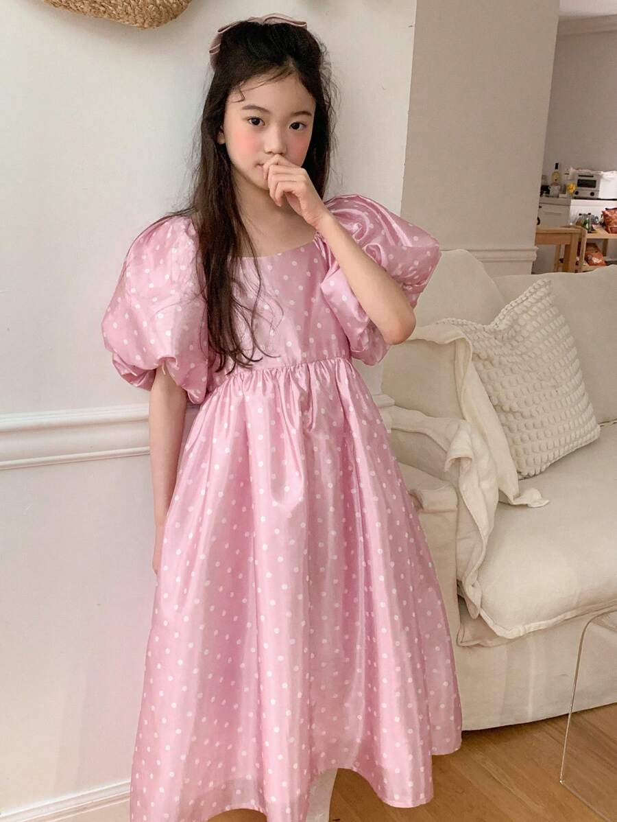 DAZY Tween Girl' Square Collar All-Over Print Woven Short Sleeve Dress, For Spring & Summer,Back To School Clothes