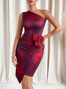 SHEIN Clasi Red Abstract Print Asymmetrical Shoulder Tie Waist Asymmetrical Hem Fitted Short Dress For Women Summer Outfits For Women Spring Outfits For Women Valentine's Day Dress Summer Outfits For Women Summer Dresses For Women Red Dresses For Women