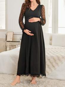 Moonlight&Mama Polka Dot & Mesh Patchwork See-Through Long Sleeve V-Neck Waisted Maternity Nightgown - Black - View 5