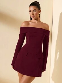 SHEIN BAE 女士秋季露肩长袖装饰鸡尾酒会礼服，适合派对、约会之夜 - 酒紅色 - 查看 3