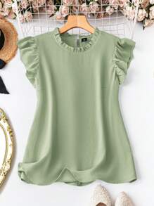 Rometta Plus Size Women Solid Color Frill Cuff Loose Blouse - Green - View 1