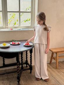 LMoss Kids LMoss 2 件套 Tween Girl 编织纯色圆领修身休闲衬衫和宽松长裤套装 - 米色 - 查看 5