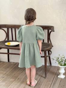 LMoss Kids LMoss Young Girl Woven Solid Color Round Neck Ruffled Hem Fitted Dress - Green - View 4