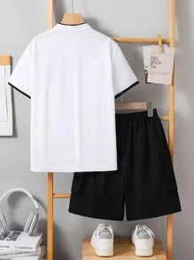 SHEIN Leap Crew 2pcs/Set Tween Boy Summer Casual Short Sleeve T-Shirt And Shorts Set - White - View 2