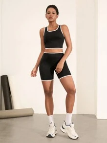 Hanevo 2pcs Women Colorblock Sports Outfit Sportwear For Daily Wear - Black - View 3