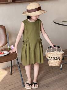 DAZY Simple & Fashionable Casual Solid Color Dress For Young Girls, Daily Wear,Girls Summer Outfits - Green - View 3