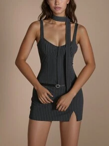 SHEIN ICON Vestido casual con tirantes de espagueti a rayas, con cinta, minimalista y de moda para uso diario para mujeres de oficina