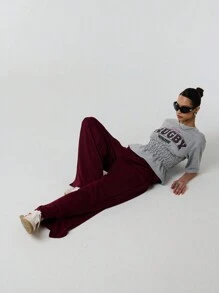 TypaGal Solid Color Wide Leg Sweat Joggers With Contrast Piping - Burgundy - View 6