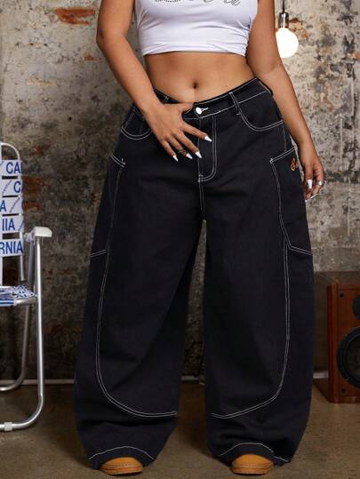 SHEIN ICON 大码女式喇叭腿休闲牛仔裤，带外露缝线