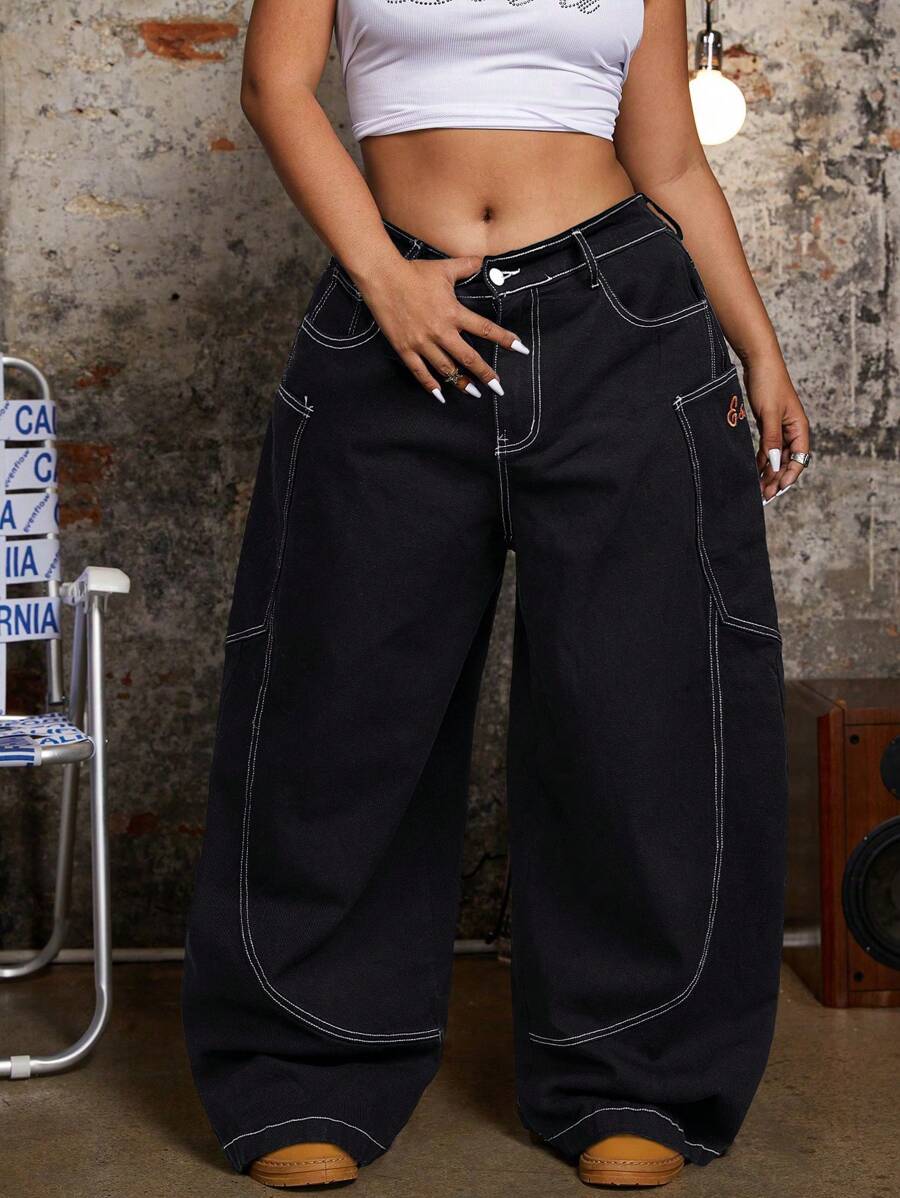 SHEIN ICON 大码女式喇叭腿休闲牛仔裤，带外露缝线 - 黑色 - 查看 1