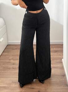 SHEIN ICON Ultra Low Waist Crop Palazzo Striped Pants - Black - View 1