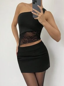 SHEIN Essnce 女士纯黑色蕾丝拼接不对称下摆上衣，复活节女装/音乐会女装/狂欢/狂欢节/纳什维尔/伊比沙岛，夏季女士音乐节假期