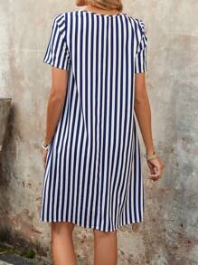 EMERY ROSE 女士条纹圆领短袖休闲短裙 - 藍白色 - 查看 2