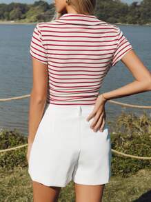 SHEIN LUNE 女式短袖 T 恤，带马球领，红白条纹，腰部有褶 - 紅白色 - 查看 3
