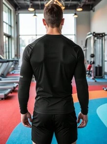 Manfinity Sport Corelite 男士几何印花圆领插肩袖长袖运动T恤紧身衣 - 黑色 - 查看 2