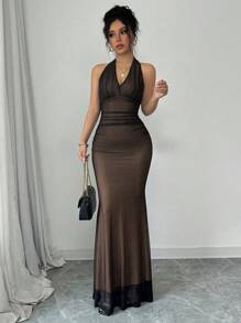 Rafferiza 优雅紧身鱼尾下摆 V 领收腰针织网眼连衣裙，配洋红色衬里，女款，秋冬款 - 彩色 - 查看 7