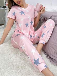 Conjunto de pijama casual con diseño de estrellas para mujeres - Multicolor - Ver 1
