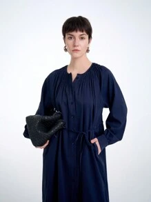 Aalyst 褶皱领衬衫裙，简约时尚休闲日常穿着 - 藏蓝色 - 查看 1