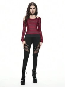 ROMWE Grunge Punk PUNK Style Mesh Patchwork Eyelet Strap Mid-Waist Leggings - Black - View 7