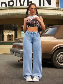 SHEIN ICON Pantalones vaqueros casuales de mujer con bolsillos y estampado de leopardo lavado - Azul - Ver 5