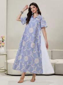 Yasmyna 撞色花卉印花短袖连衣裙