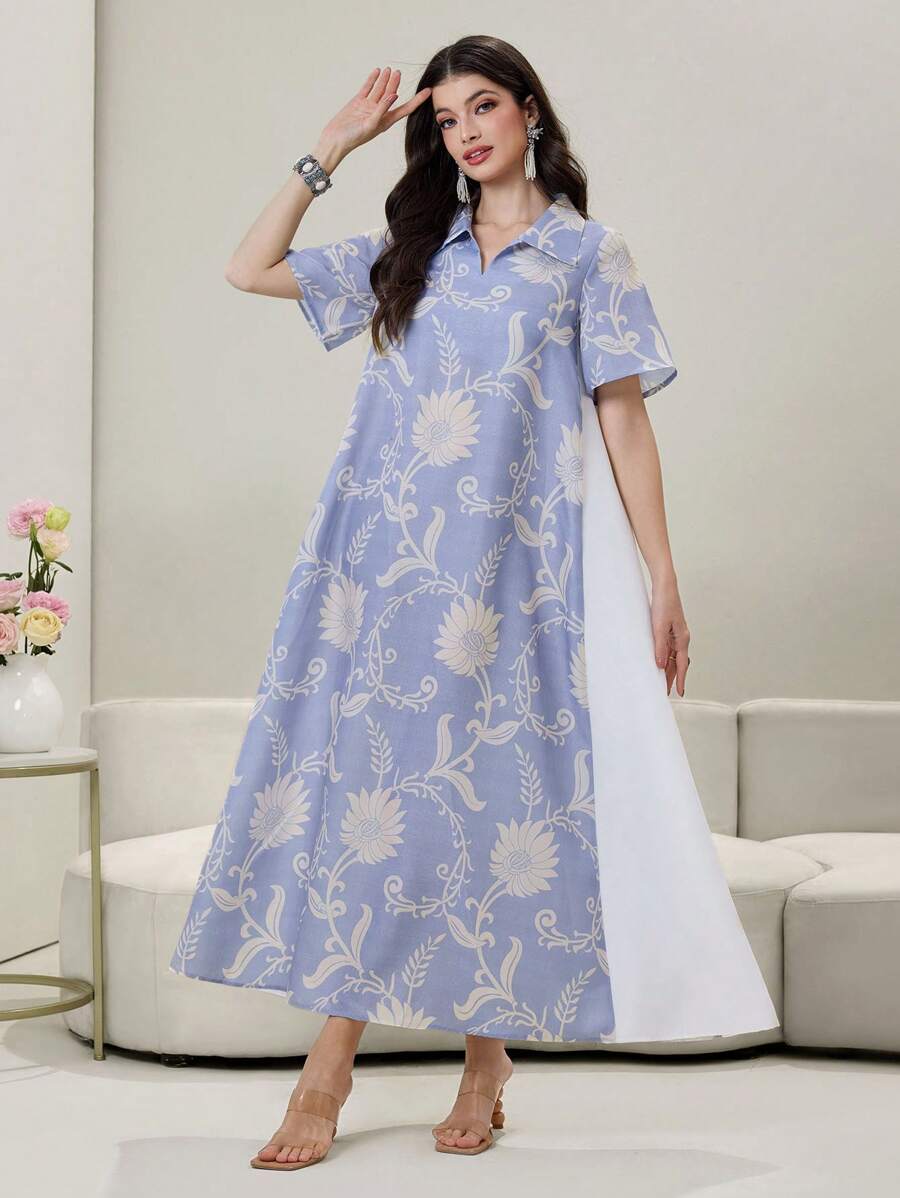 Yasmyna 撞色花卉印花短袖连衣裙