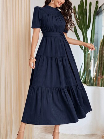 Mulvari 女士休闲纯色泡泡袖阿拉伯风格连衣裙