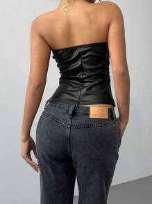 Siren Gaze 女士黑色皮革上衣时尚褶皱不对称下摆抹胸，适合外出和派对上衣，女士夏季服装，音乐节/音乐会女士服装 - 黑色 - 查看 2