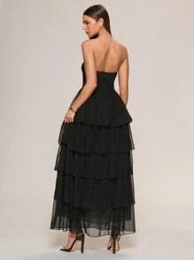 Glamine Vestido maxi elegante de gala de gasa con volante y volantes, vestido negro, bono de pastel