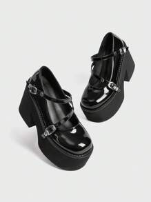 Sugerpunk Women's Black Mary Jane Pumps With Thick Platform, Fashionable Thick Sole Autumn Shoes Spring Break Easter - Black - View 5