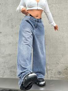 SHEIN ICON Quần Jeans Nữ Cỡ Lớn Quần Ống Rộng Rộng Thường Ngày Quần Jeans Lông Cừu Xanh Quần Jeans Lông Cừu Mùa Đông Quần Jeans Mùa Đông Quần Jeans Denim Giữ Nhiệt Teddy Quần Jeans Denim Giữ Nhiệt Teddy Lông Cừu Ấm Áp Quần Jeans Nữ Xếp Chồng Quần Jeans Rộng Cạp Thấp - Rửa nhẹ - Xem 5