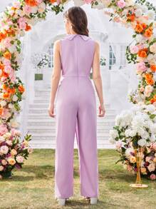 Mono informal y elegante sin mangas con solapa y decoración de botones para adolescentes chicas - Morado - Ver 2