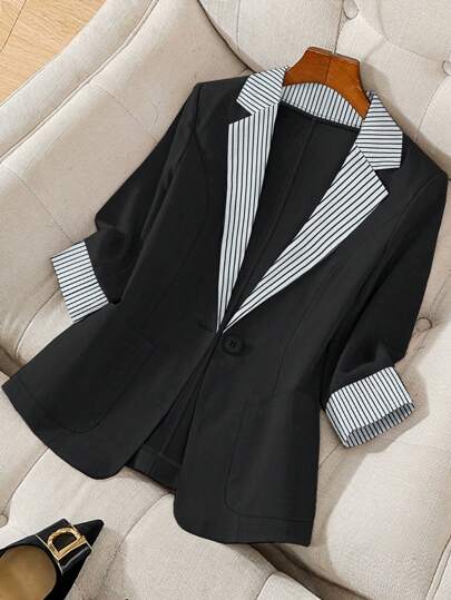 Franclia Women's Autumn/Winter Stripe Patchwork Long Sleeve Button Blazer Jacket, Casual Office Wear