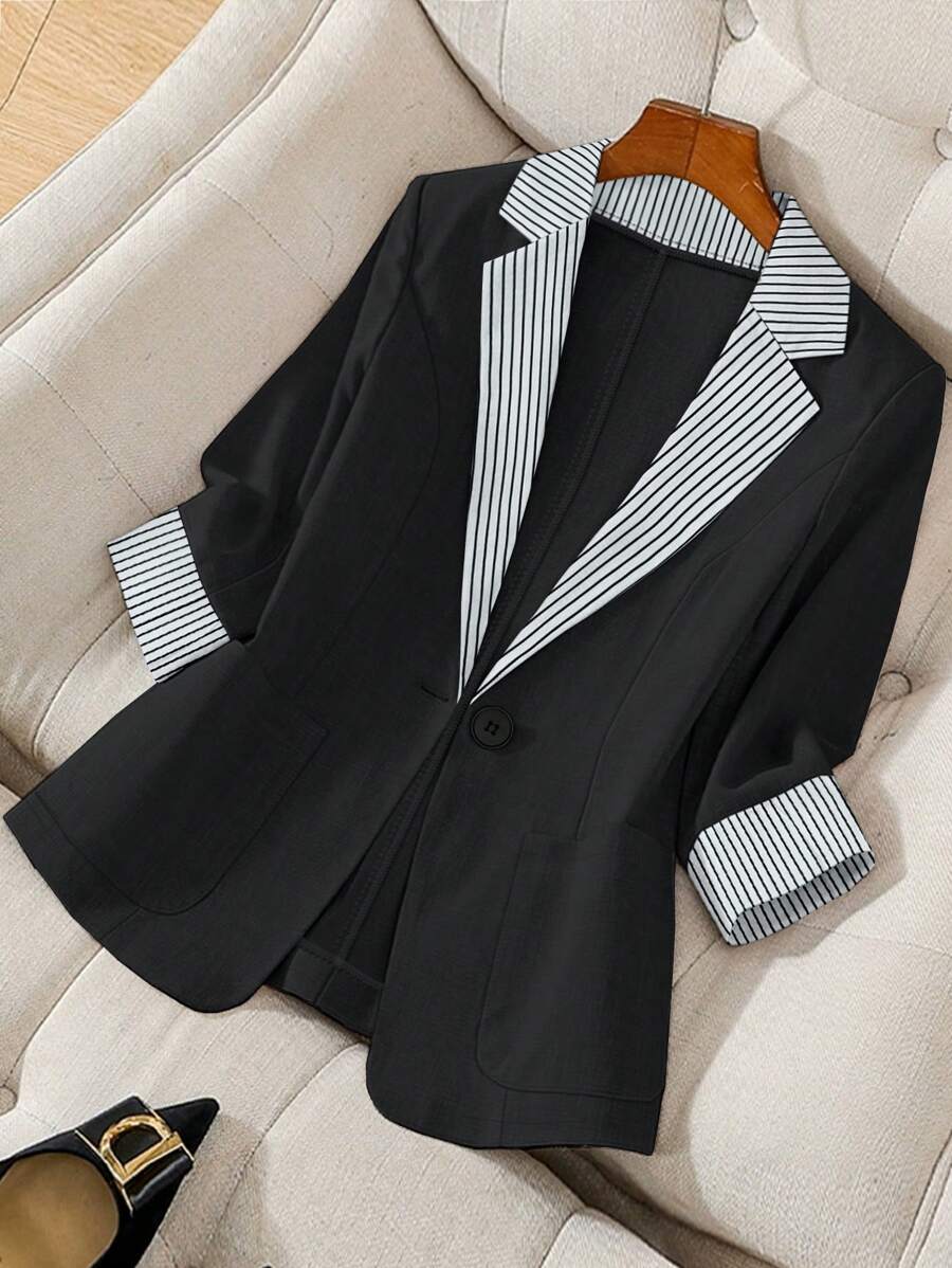 Franclia 女士秋冬条纹拼布长袖纽扣西装外套，休闲办公装 - 黑色 - 查看 1