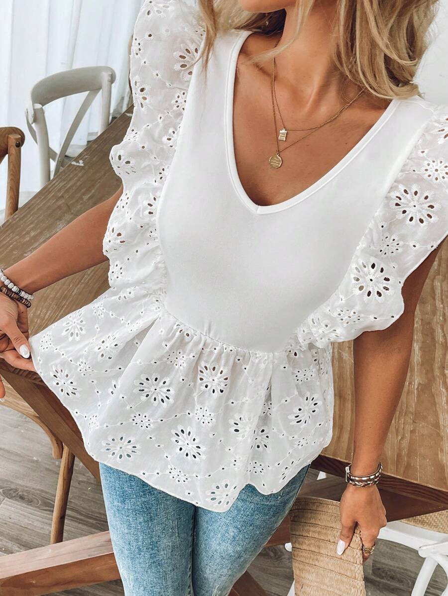 SHEIN LUNE Women's V-Neck Embroidered Cap Sleeve Casual Tank Top - White - View 1