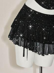 SHEIN ICON Women's Y2k Going Out Two Pieces Summer Sets Rave Festival Sequin Halter Neck Cropped Top And Low-Waisted Mini Skirt Set - Black - View 4