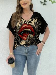 SHEIN LUNE 休闲宽松复古美国摇滚肖像印花大码女式短袖 T 恤，适合夏季 - 白色 - 查看 6