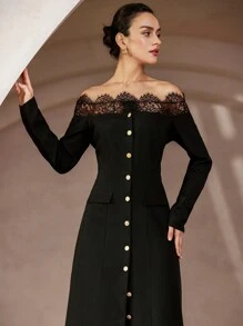 Aveloria Modichic 黑色对比色蕾丝露肩单排扣翻盖口袋优雅精致长袖连衣裙 - 黑色 - 查看 2