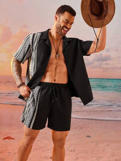 Manfinity VCAY 大码男士宽松休闲梭织衬衫和短裤两件套