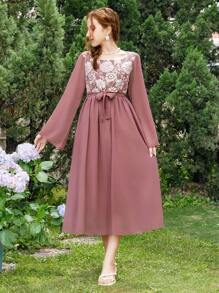 SHEIN Teen Girl Elegant Patchwork Long Dress - Rusty Rose - View 3